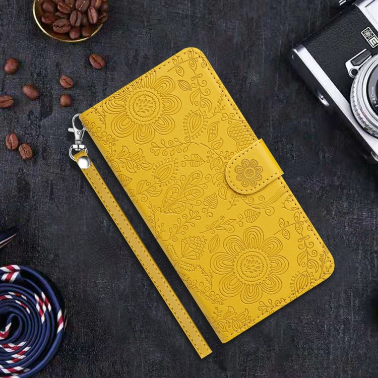 For iPhone 16 Plus Floral Embossed Pattern Leather Phone Case(Yellow) - iPhone 16 Plus Cases by buy2fix | Online Shopping UK | buy2fix