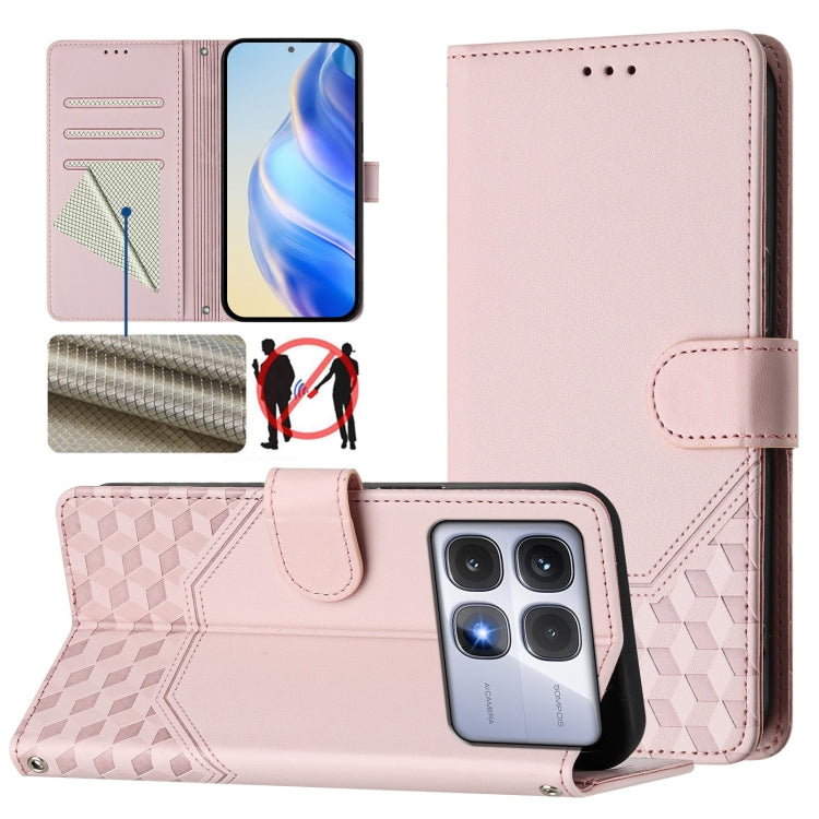 For Redmi K70 Ultra 5G Honeycomb Embossing RFID Leather Phone Case(Pink) - Xiaomi Cases by buy2fix | Online Shopping UK | buy2fix