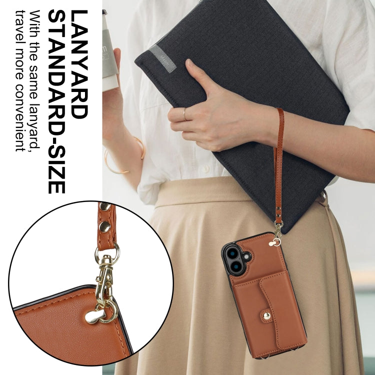 For iPhone 16 RFID Card Slot Phone Case with Long Lanyard(Brown) - iPhone 16 Cases by buy2fix | Online Shopping UK | buy2fix