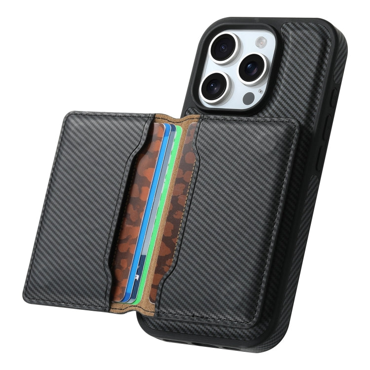 For iPhone 16 Pro Max Denior Carbon Fiber Texture Leather Card Bag MagSafe Phone Case(Black) - iPhone 16 Pro Max Cases by Denior | Online Shopping UK | buy2fix