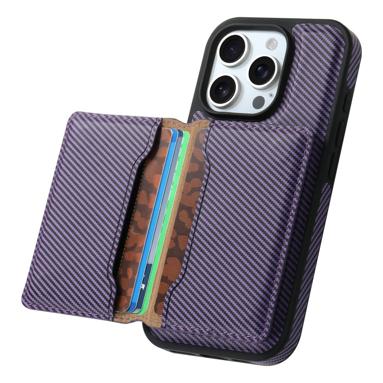 For iPhone 16 Pro Denior Carbon Fiber Texture Leather Card Bag MagSafe Phone Case(Purple) - iPhone 16 Pro Cases by Denior | Online Shopping UK | buy2fix