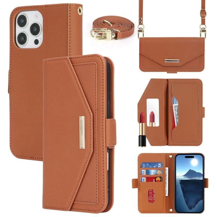 For iPhone 16 Pro Max Cross Texture Crossbody Lanyard Leather Phone Case(Brown) - iPhone 16 Pro Max Cases by buy2fix | Online Shopping UK | buy2fix