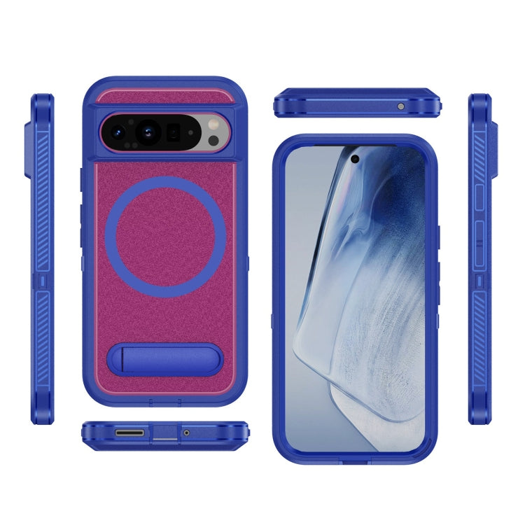 For Google Pixel 9 Guard MagSafe Holder Matte PC Hybrid TPU Phone Case(Blue Rose Red) - Google Cases by buy2fix | Online Shopping UK | buy2fix