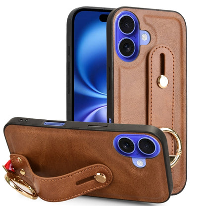 For iPhone 16 Wristband Leather Back Phone Case(Brown) - iPhone 16 Cases by buy2fix | Online Shopping UK | buy2fix