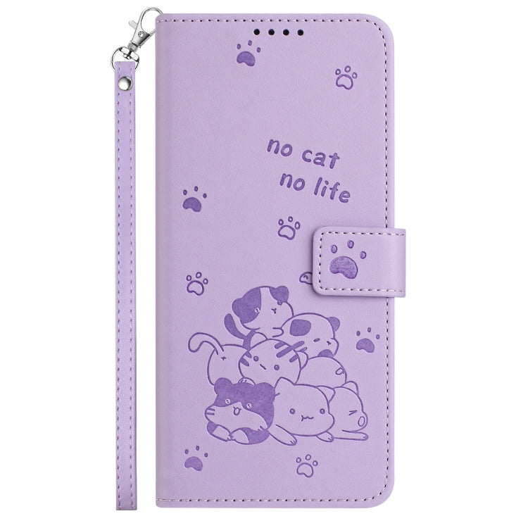 For iPhone 16 Plus Embossed Kitten Phone Leather Case with Lanyard(Purple) - iPhone 16 Plus Cases by buy2fix | Online Shopping UK | buy2fix