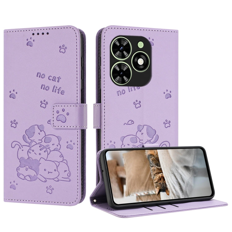 For Tecno Spark Go 2024 4G Embossed Kitten Phone Leather Case with Lanyard(Purple) - Tecno Cases by buy2fix | Online Shopping UK | buy2fix