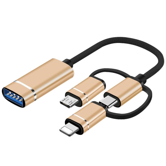 3 in 1 USB Female to Micro USB, Type-C, 8 Pin Male OTG Adapter(Gold) - OTG Adapter by buy2fix | Online Shopping UK | buy2fix