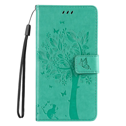 For Samsung Galaxy S25 / S24 5G Tree & Cat Embossed Pattern Flip Leather Phone Case(Green) - Galaxy S25 5G Cases by buy2fix | Online Shopping UK | buy2fix