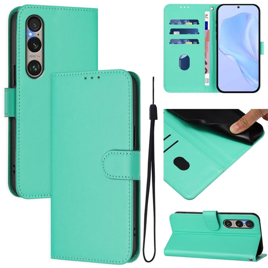 For Sony Xperia 1 VI 2024 Skin Feel Solid Color Leather Phone Case with Lanyard(Green) - Sony Cases by buy2fix | Online Shopping UK | buy2fix