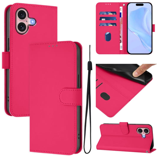 For iPhone 16 Skin Feel Solid Color Leather Phone Case with Lanyard(Rose Red) - iPhone 16 Cases by buy2fix | Online Shopping UK | buy2fix