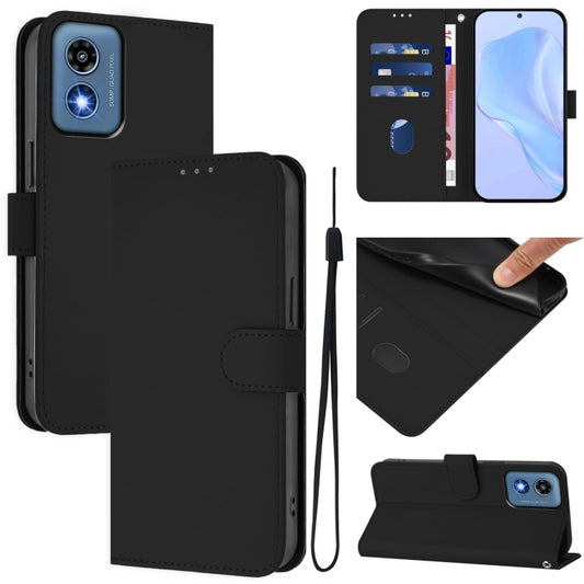 For Motorola Moto G Play 5G 2024 Global Skin Feel Solid Color Leather Phone Case with Lanyard(Black) - Motorola Cases by buy2fix | Online Shopping UK | buy2fix