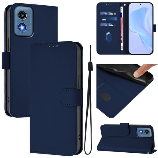 For Motorola Moto G Play 5G 2024 Global Skin Feel Solid Color Leather Phone Case with Lanyard(Navy Blue) - Motorola Cases by buy2fix | Online Shopping UK | buy2fix