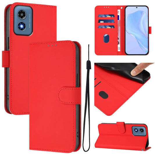 For Motorola Moto G Play 4G 2024 Global Skin Feel Solid Color Leather Phone Case with Lanyard(Red) - Motorola Cases by buy2fix | Online Shopping UK | buy2fix