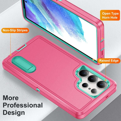 For Samsung Galaxy S25 Ultra 5G Rugged PC Hybrid Silicone Phone Case with Holder(Rose Red+Light Green) - Galaxy S25 Ultra 5G Cases by buy2fix | Online Shopping UK | buy2fix