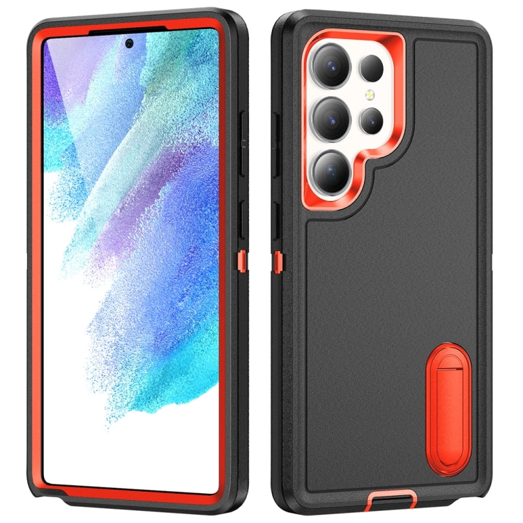 For Samsung Galaxy S25 Ultra 5G Rugged PC Hybrid Silicone Phone Case with Holder(Black+Orange) - Galaxy S25 Ultra 5G Cases by buy2fix | Online Shopping UK | buy2fix