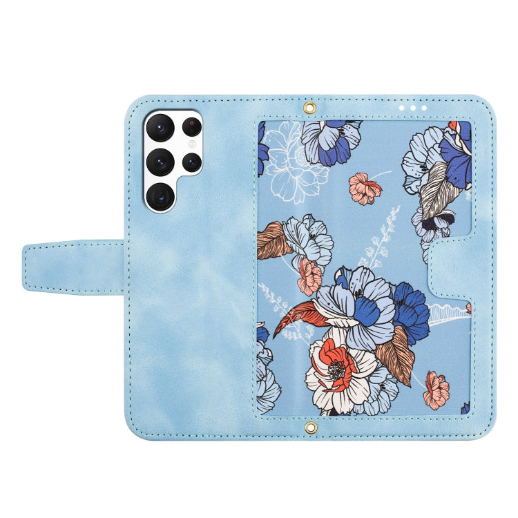 For Samsung Galaxy S25 Ultra 5G Floral Pattern Leather Phone Case with Lanyard(Light Blue) - Galaxy S25 Ultra 5G Cases by buy2fix | Online Shopping UK | buy2fix