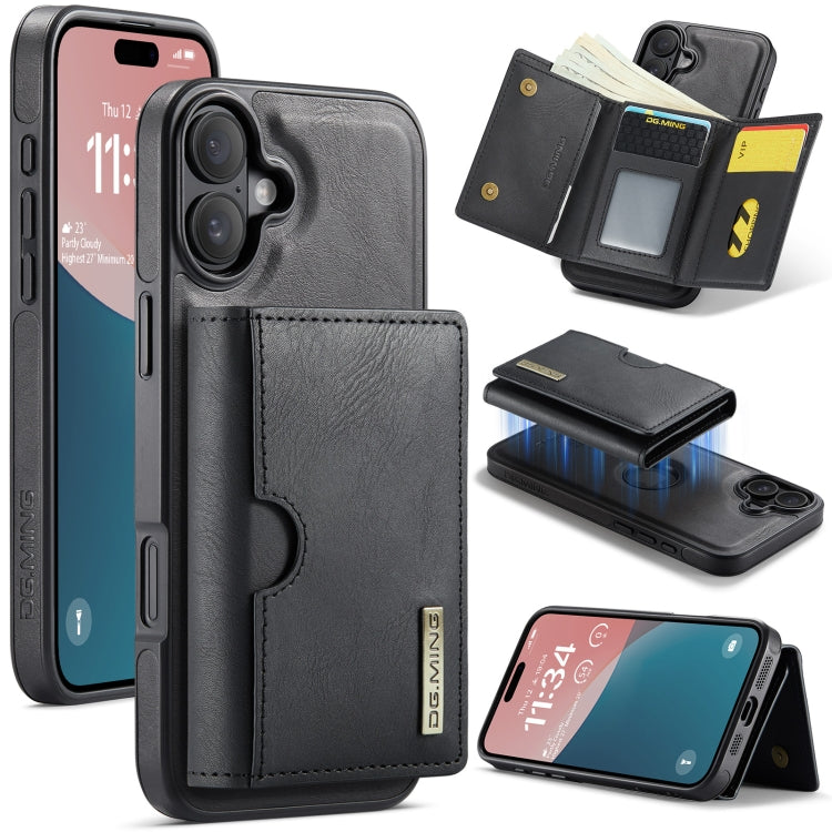 For iPhone 16 DG.MING M6 Series RFID Tri-fold Card Bag Removable Leather Phone Case(Black) - iPhone 16 Cases by DG.MING | Online Shopping UK | buy2fix