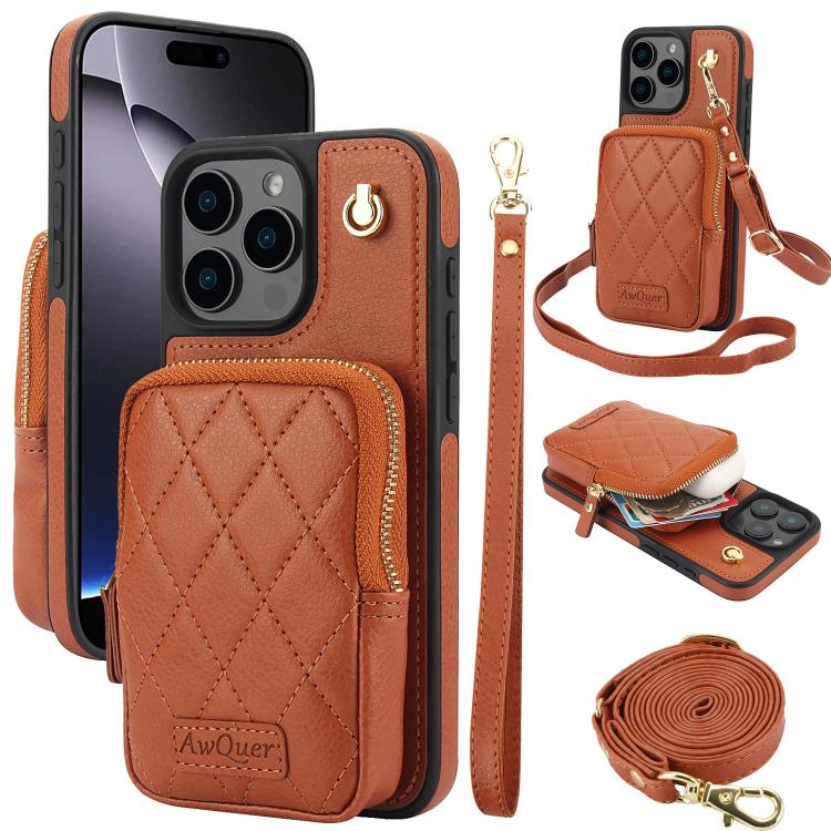 For iPhone 16 Pro Max AwQuer Crossbody Zipper Wallet Bag Litchi Leather Phone Case(Brown) - iPhone 16 Pro Max Cases by Awquer | Online Shopping UK | buy2fix