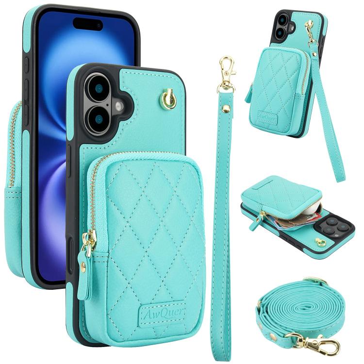 For iPhone 16 Plus AwQuer Crossbody Zipper Wallet Bag Litchi Leather Phone Case(Mint Green) - iPhone 16 Plus Cases by Awquer | Online Shopping UK | buy2fix