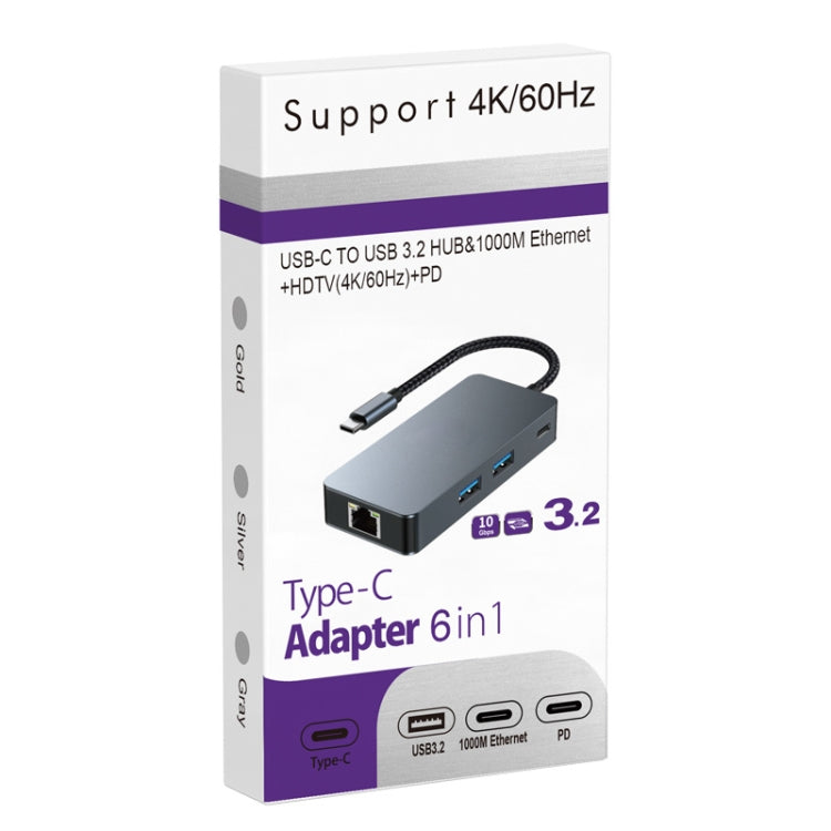 BYL-2308 6 in 1 USB-C / Type-C to USB3.2 + Gigabit Internet + HDTV HUB Adapter (Dark Gray) - USB HUB by buy2fix | Online Shopping UK | buy2fix