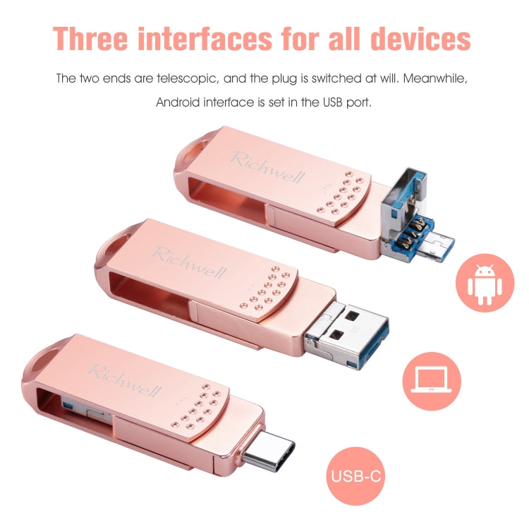 Richwell 3 in 1 16G Type-C + Micro USB + USB 3.0 Metal Flash Disk with OTG Function(Rose Gold) - U Disk & Card Reader by Richwell | Online Shopping UK | buy2fix