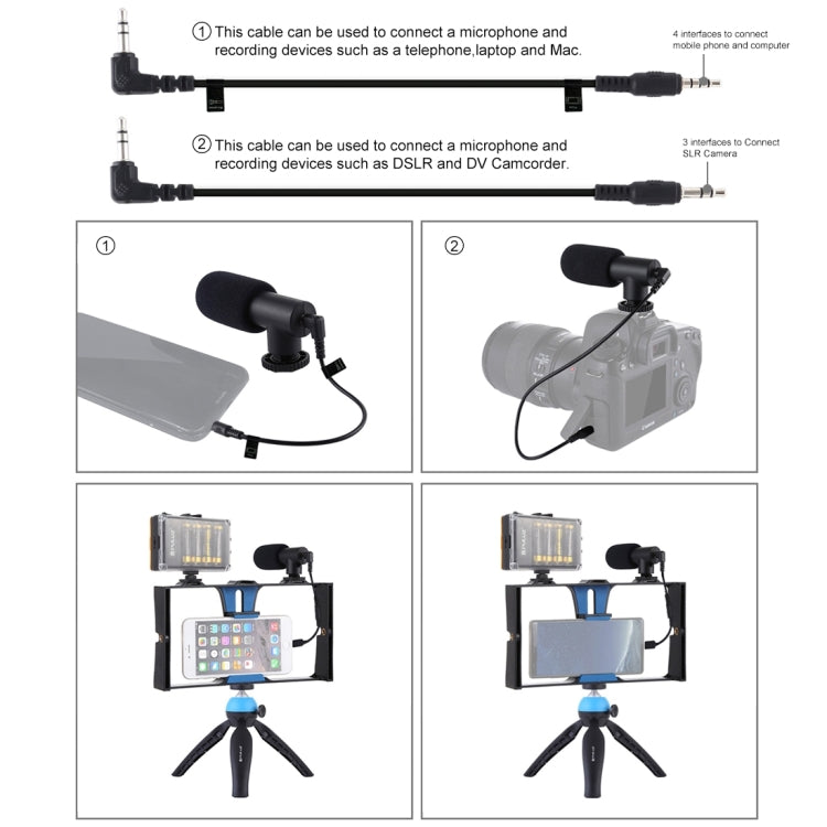 PULUZ 4 in 1 Vlogging Live Broadcast LED Selfie Light Smartphone Video Rig Kits with Microphone + Tripod Mount + Cold Shoe Tripod Head for iPhone, Galaxy, Huawei, Xiaomi, HTC, LG, Google, and Other Smartphones(Blue) - Camera Cage by PULUZ | Online Shopping UK | buy2fix