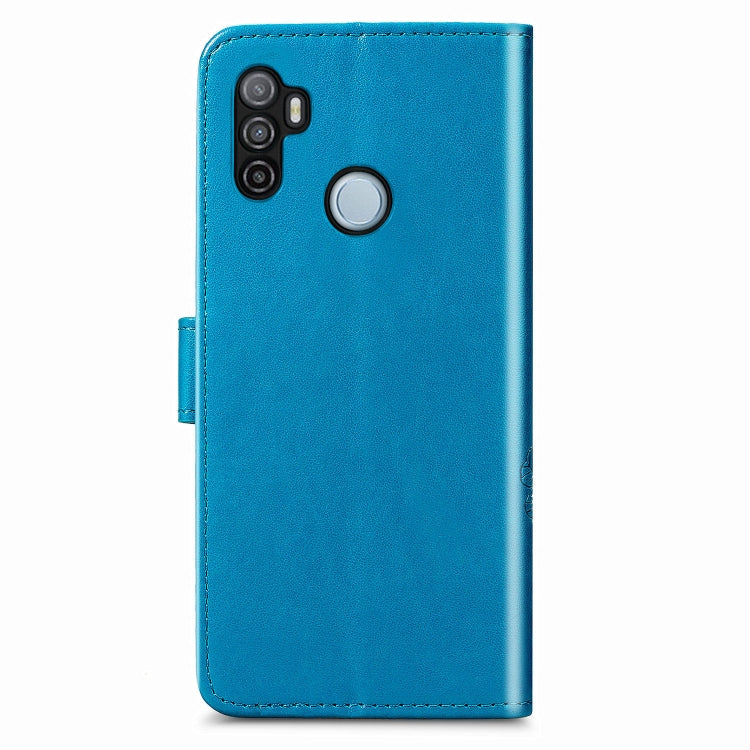 For Oppo A53 2020 Four-leaf Clasp Embossed Buckle Mobile Phone Protection Leather Case with Lanyard & Card Slot & Wallet & Bracket Function(Blue) - OPPO Cases by buy2fix | Online Shopping UK | buy2fix