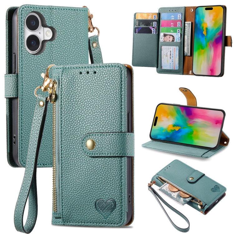 For iPhone 16 Plus Love Zipper Lanyard Leather Phone Case(Green) - iPhone 16 Plus Cases by buy2fix | Online Shopping UK | buy2fix