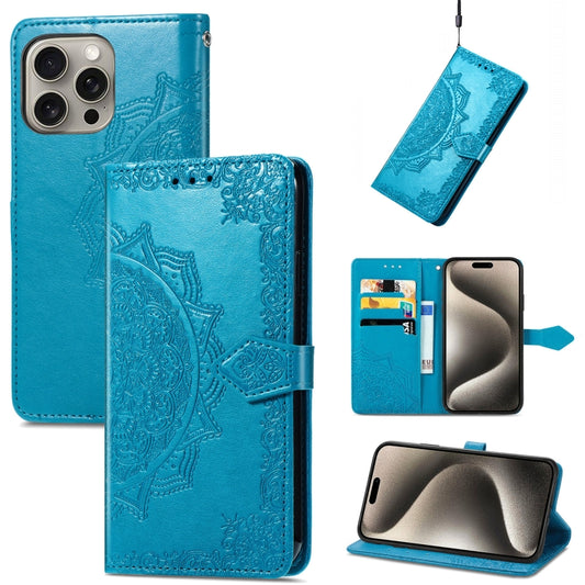 For iPhone 16 Pro Mandala Flower Embossed Leather Phone Case(Blue) - iPhone 16 Pro Cases by buy2fix | Online Shopping UK | buy2fix