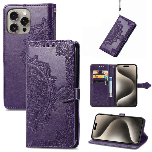 For iPhone 16 Pro Mandala Flower Embossed Leather Phone Case(Purple) - iPhone 16 Pro Cases by buy2fix | Online Shopping UK | buy2fix