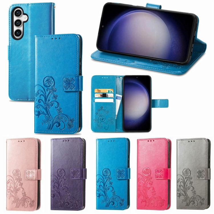For Samsung Galaxy S24 Ultra 5G Four-leaf Clasp Embossed Buckle Leather Phone Case(Blue) - Galaxy S24 Ultra 5G Cases by buy2fix | Online Shopping UK | buy2fix