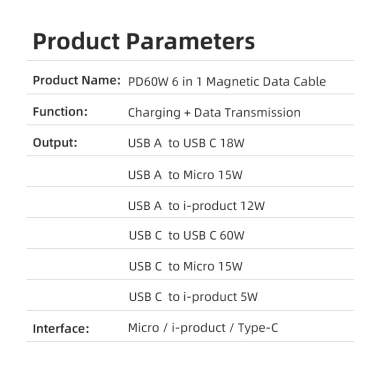 ENKAY 6-in-1 PD60W USB-A / Type-C to Type-C / 8 Pin / Micro USB Magnetic Fast Charging Cable, Cable Length:2m(Black) - Charging Cable & Head by ENKAY | Online Shopping UK | buy2fix