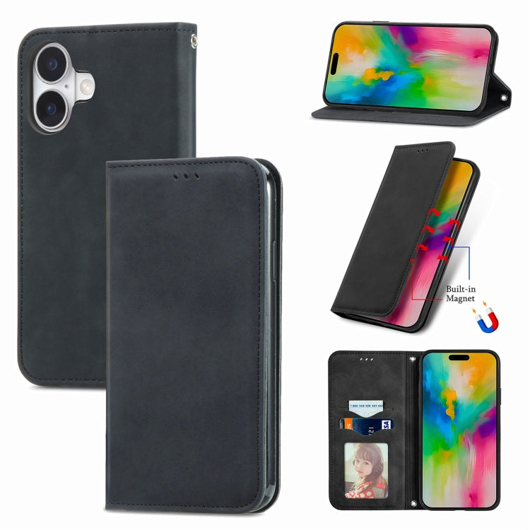 For iPhone 16 Plus Retro Skin Feel Magnetic Flip Leather Phone Case(Black) - iPhone 16 Plus Cases by buy2fix | Online Shopping UK | buy2fix