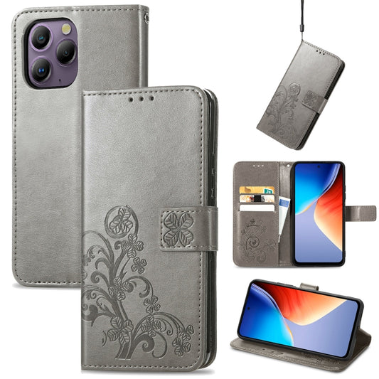 For Blackview A96 Four-leaf Clasp Embossed Buckle Leather Phone Case(Gray) - More Brand by buy2fix | Online Shopping UK | buy2fix