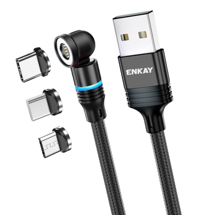 ENKAY 3 in 1 3A USB to Type-C / 8 Pin / Micro USB Magnetic 540 Degrees Rotating Fast Charging Cable, Length:2m(Black) - Charging Cable & Head by ENKAY | Online Shopping UK | buy2fix