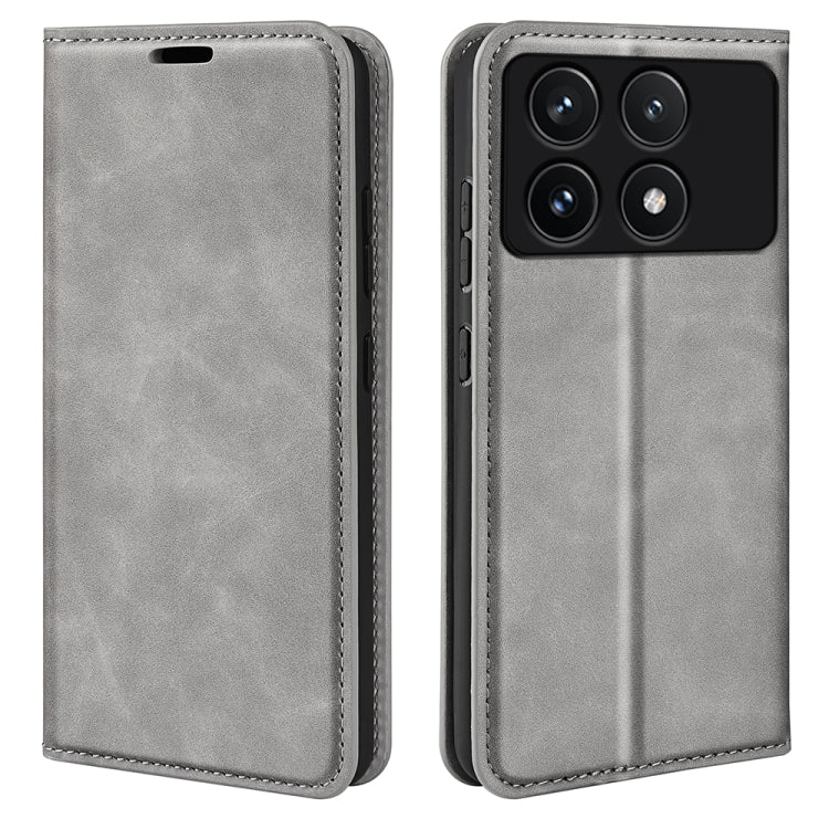 For Xiaomi Redmi K70 Retro-skin Magnetic Suction Leather Phone Case(Grey) - K70 Cases by buy2fix | Online Shopping UK | buy2fix