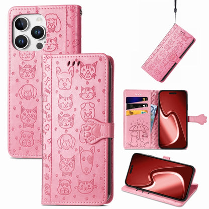 For iPhone 16 Pro Max Cat and Dog Embossed Leather Phone Case(Pink) - iPhone 16 Pro Max Cases by buy2fix | Online Shopping UK | buy2fix