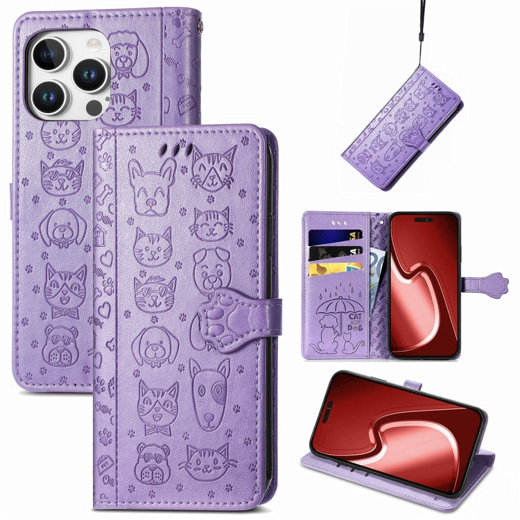 For iPhone 16 Pro Max Cat and Dog Embossed Leather Phone Case(Purple) - iPhone 16 Pro Max Cases by buy2fix | Online Shopping UK | buy2fix