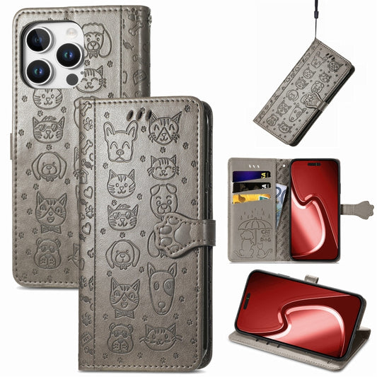 For iPhone 16 Pro Max Cat and Dog Embossed Leather Phone Case(Gray) - iPhone 16 Pro Max Cases by buy2fix | Online Shopping UK | buy2fix