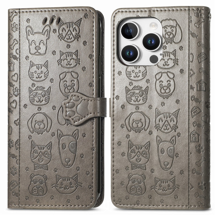 For iPhone 16 Pro Max Cat and Dog Embossed Leather Phone Case(Gray) - iPhone 16 Pro Max Cases by buy2fix | Online Shopping UK | buy2fix