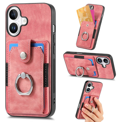 For iPhone 16 Retro Skin-feel Ring Card Wallet Phone Case(Pink) - iPhone 16 Cases by buy2fix | Online Shopping UK | buy2fix