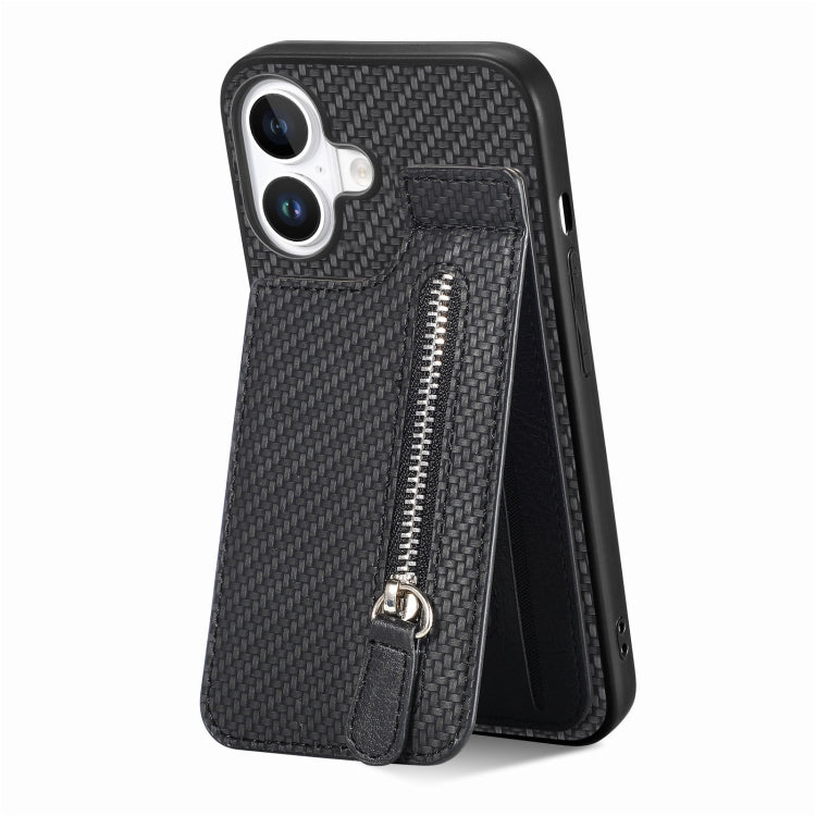 For iPhone 16 Plus Carbon Fiber Vertical Flip Zipper Phone Case(Black) - iPhone 16 Plus Cases by buy2fix | Online Shopping UK | buy2fix