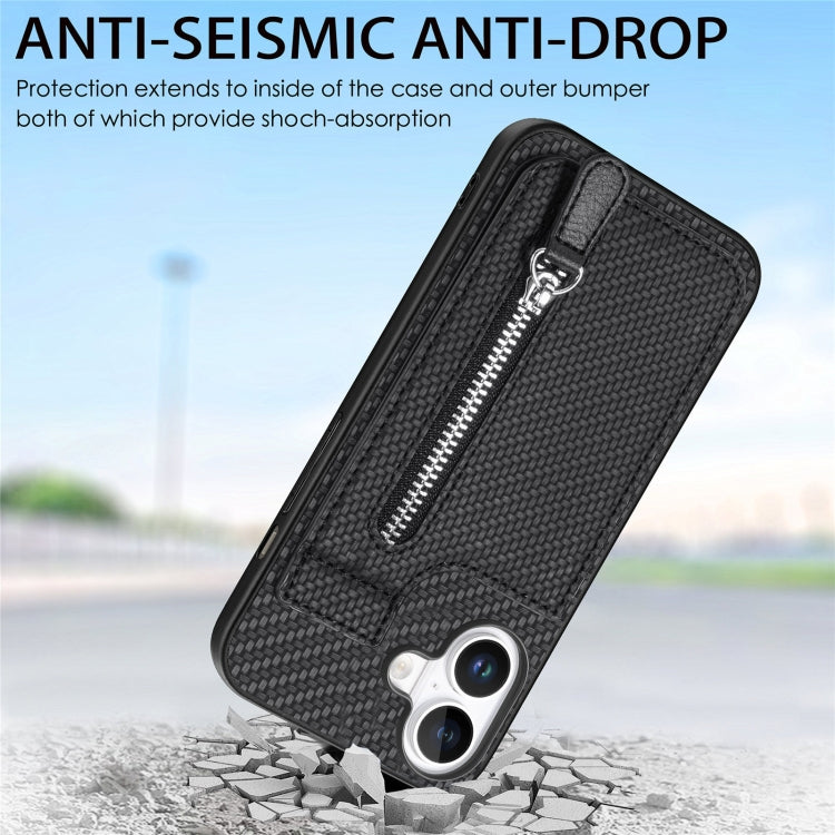 For iPhone 16 Plus Carbon Fiber Vertical Flip Zipper Phone Case(Black) - iPhone 16 Plus Cases by buy2fix | Online Shopping UK | buy2fix