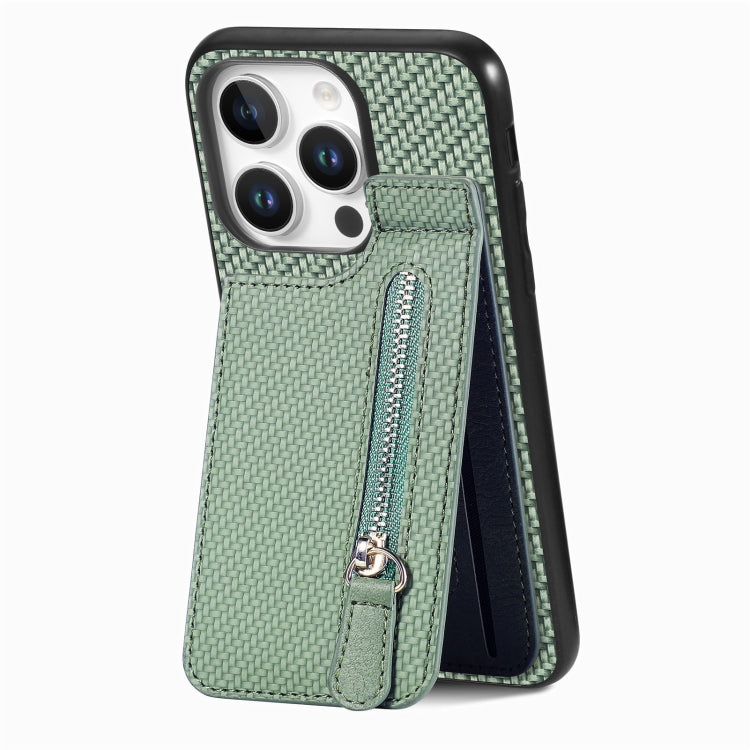 For  iPhone 16 Pro Max Carbon Fiber Vertical Flip Zipper Phone Case(Green) - iPhone 16 Pro Max Cases by buy2fix | Online Shopping UK | buy2fix