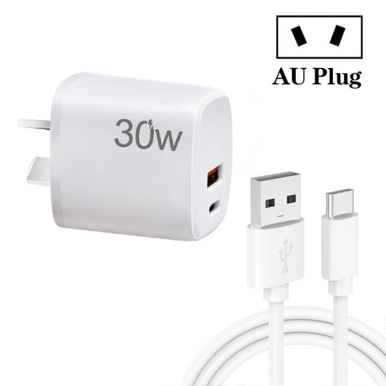 PD30W USB-C / Type-C + QC3.0 USB Charger with 1m USB to Type-C Data Cable, AU Plug(White) - USB Charger by buy2fix | Online Shopping UK | buy2fix