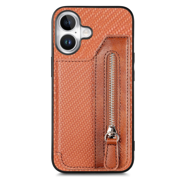 For iPhone 16 Carbon Fiber Horizontal Flip Zipper Wallet Phone Case(Brown) - iPhone 16 Cases by buy2fix | Online Shopping UK | buy2fix