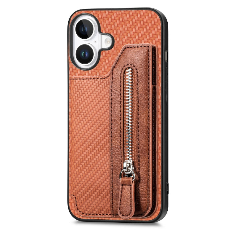 For iPhone 16 Carbon Fiber Horizontal Flip Zipper Wallet Phone Case(Brown) - iPhone 16 Cases by buy2fix | Online Shopping UK | buy2fix