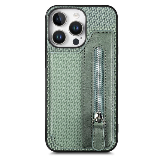 For iPhone 16 Pro Carbon Fiber Horizontal Flip Zipper Wallet Phone Case(Green) - iPhone 16 Pro Cases by buy2fix | Online Shopping UK | buy2fix