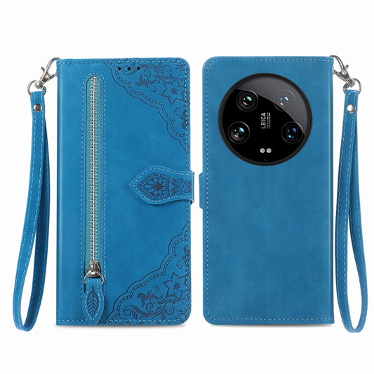 For Xiaomi  14 Ultra Embossed Flower Zipper Leather Phone Case(Blue) - 14 Ultra Cases by buy2fix | Online Shopping UK | buy2fix