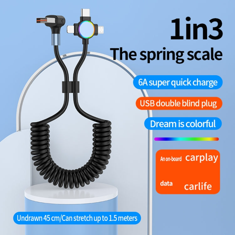 66W 3 in 1 USB to 8 Pin + Micro USB + USB-C / Type-C Fast Charging Elbow Spring Cable(Black) - Multifunction Cable by buy2fix | Online Shopping UK | buy2fix